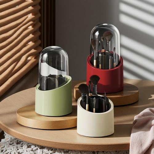Fantasee 360¡Æ Rotating Makeup Brush Organizer, 7-Compartment Storage with Transparent Dustproof Cover, Cosmetic Tools Storage Holder for Bathroom Vanity Countertop (Fresh Green, Cylindrical)
