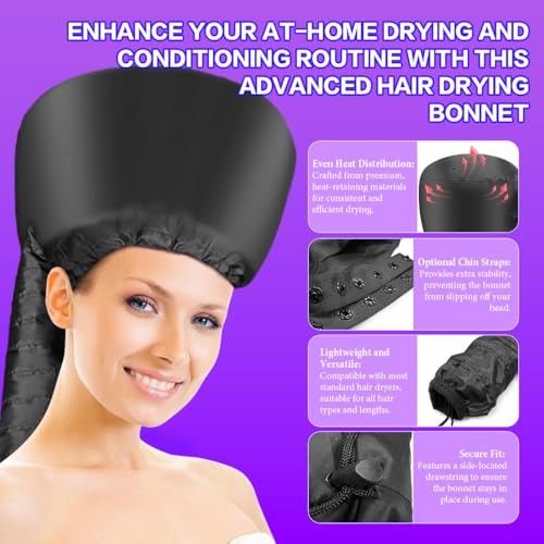 Hooded Hair Dryer Bonnet - Adjustable, Fast Drying for Natural Hair & Curls - Portable Travel Black