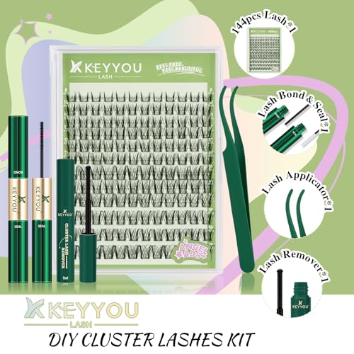 KEYYOU LASH Extension Kit 144Pcs Angel Lash Clusters Kit Thick Eyelash Extension Kit with Glue and Seal,Tweezers,Remover for DIY lash extension kit at Home£¨Kit-Angel A08-D-8-18MIX£©