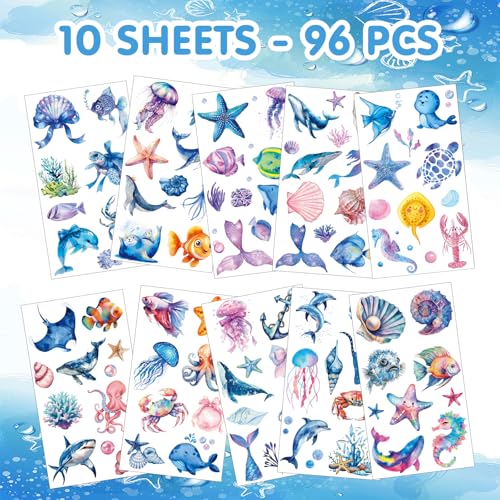 96 Ocean Animals Temporary Tattoos for Kids, 10 Sheets Sea Life Stickers