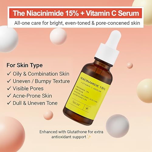 Niacinamide Serum for Face - 15% Niacinamide with Vitamin C, Glutathione - Korean Dark Spot Serum for Uneven Tone, Enlarged Pore, Dullness, Ance-Prone, Sensitive Skin - Fragrance-Free, Daily Use
