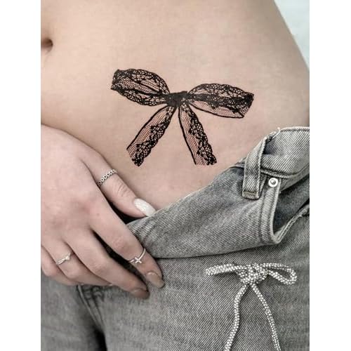 Semi Permanent Tattoo For Women, 2 Sheets Realistic Sexy Lace Temporary Thigh Lasting 1 Weeks Bow Tattoo For Adults Girl, Waterproof and Non-Reflective Fake Tattoo for Party Valentines Gifts