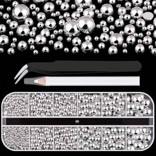 Belleboost Silver Nail Charms and Gems, Half Round Flatback Pearl Nail Charms, Nail Pearls Rhinestones Kit Silver Beads for Nails with Pencil and Tweezer for DIY Nail Art, Face Makeup and Crafting