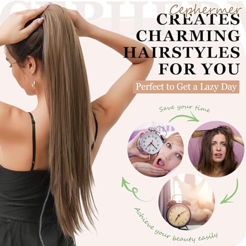 Cephermer 18-20 Inch Curly Straight Ponytail Extension Claw Clip Dark Brown - Natural Look, Synthetic Hair for Women