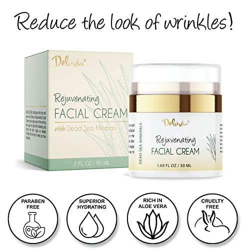 Deluvia Rejuvenating Facial Cream | Organic Aloe Vera, Coconut Oil, Vitamin C + E | Dead Sea Minerals | Daily Face Lotion for Dry Skin, Sensitive Skin