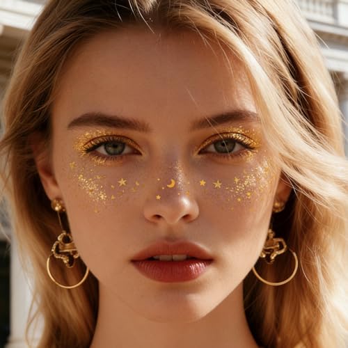 Gold Temporary Tattoo Stickers, 12 Sheets Metallic Face Tattoos