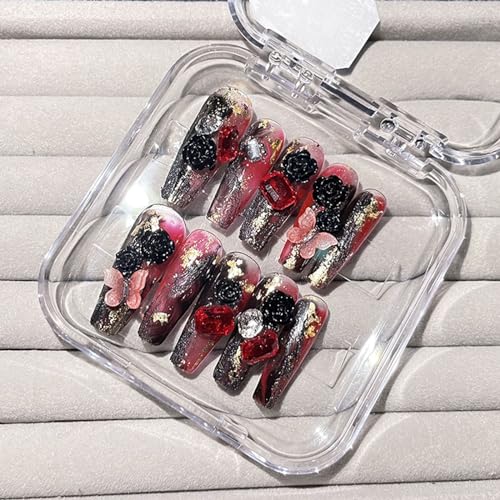 Fake Nails Handmade Press on Nails 3D Rhinestone Stylish Gel Reusable 10pcs Long Coffin Fake Nails Suitable for Halloween and Christmas (Red and Black-S)