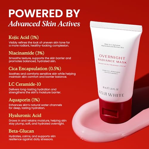 Koji White 1% Kojic Acid Radiance Overnight Face Mask ? Hydrating Sleeping Mask for Glowing Skin, Uneven Tone & Smoothing with Niacinamide, Cica, Hyaluronic Acid - Unscented, Vegan Skincare 1.01 Fl Oz