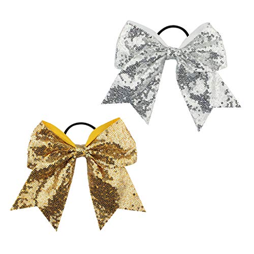 Girls Cheer Bow Ponytail Holder Big Hair Bow Tie with Glitter Sequins Bowknot JB80 (13-Gold,Silver)