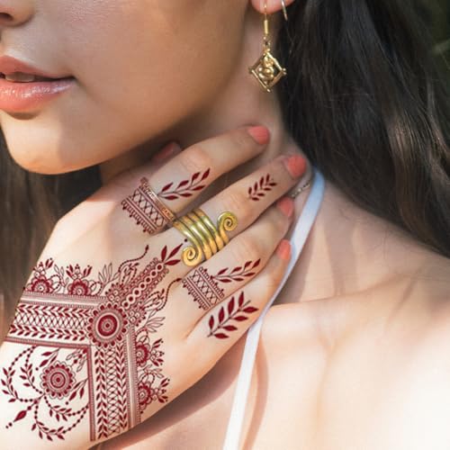 Brown Temporary Tattoo Stickers, 9 Sheets Red Brown Waterproof Tattoo Stickers for Women Wedding Party Festival Lotus Mandala Flower Temporary Tattoos