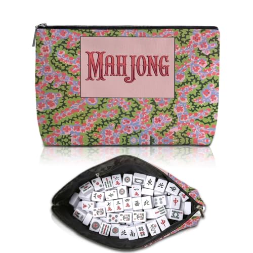 Pink Floral Mahjong Tile Bag - Durable Zippered Pouch for Accessories