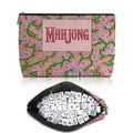 Pink Floral Mahjong Tile Bag - Durable Zippered Pouch for Accessories