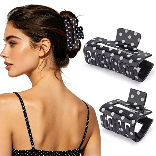 SuPoo Polka Dot Non-Slip Hair Clips 2-Pack for Women Girls, Vintage Black & White Claw Clips
