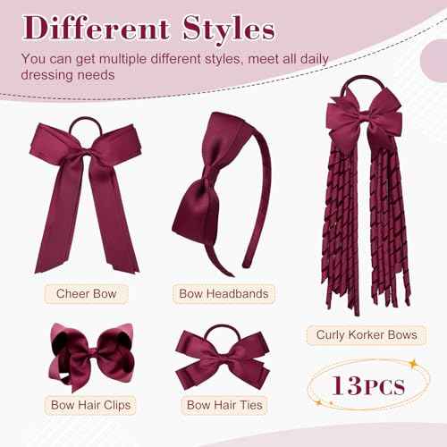 DEEKA Burgundy School Hair Accessories Set 13 Pcs Uniform Hair Bow Headband Clips Hair Ties Curly Korker Bows for Little Toddler School Girls (Burgundy)