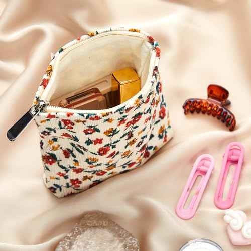 Abbylike 4 Pcs Floral Makeup Bag Corduroy Cosmetic Bag with Zipper Portable Small Pouches for Purse Toiletry Mini Pouch Cute Mini Makeup Purse for Coin Essentials Items Women(Elegant)