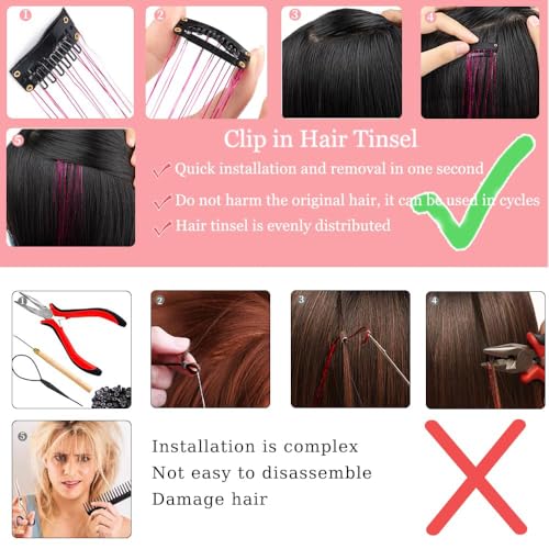 Hair Tinsel Clips 20 Inch Glitter Extensions Pack of 12