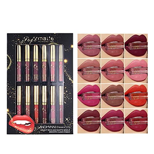 Matte Liquid Lipstick set Waterproof Long Lasting Non-Stick Cup Liquid Lipgloss Velvety Liquid Lipstick Kiss-proof Durable Nude Lip Gloss (12PCS)