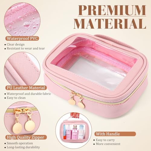 Kigeli 4 Pcs Clear Makeup Bags for Car Essential, Waterproof Clear Travel Toiletry Organizer Leather Makeup Bags with Handle Zipper, Small Cosmetic Pouch Set for Women Car Gift(Pink)