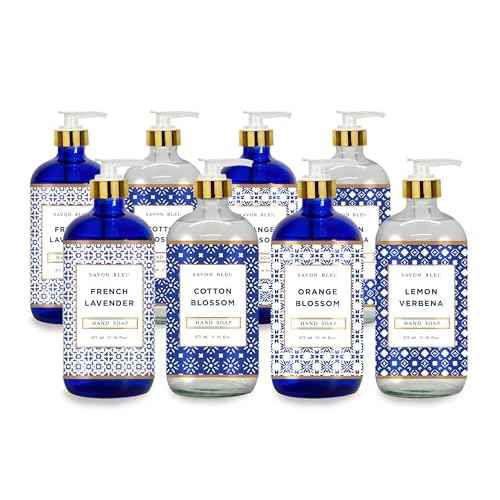 Savon Bleu Hand Soap Collection - 16oz Glass Bottles - 8 Pack - Home and Body Company - French Lavender, Cotton Blossom, Orange Blossom, Lemon Verbena