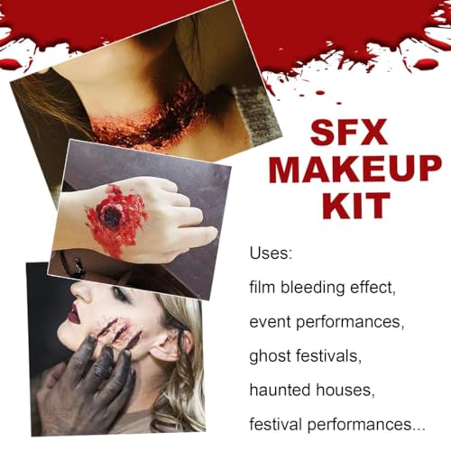 Halloween Fake Blood SFX Makeup Kit ? 7PCS Special Effects Set with Fake Blood Spray, Liquid Latex+Scar Wax+Fake Blood Gel+Spatula Tool & 2 Stipple Sponges ? Vampire Zombie Makeup Kit for Face & Body