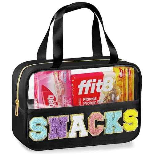 Snack Bag for Travel, Chenille Letter Clear Makeup Bag, 11.8" x 7.9" Nylon & PVC Waterproof Cosmetic Pouch with Handle and Zipper, Cute Preppy Storage Organizer Pouches for Women Girls (Black)