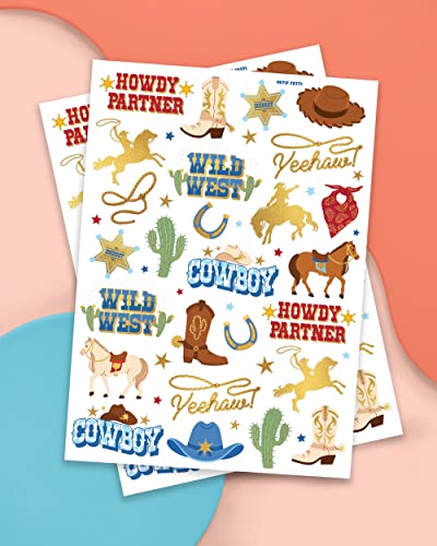 Cowboy Temporary Tattoos for Kids - 52 Gold Foil Designs