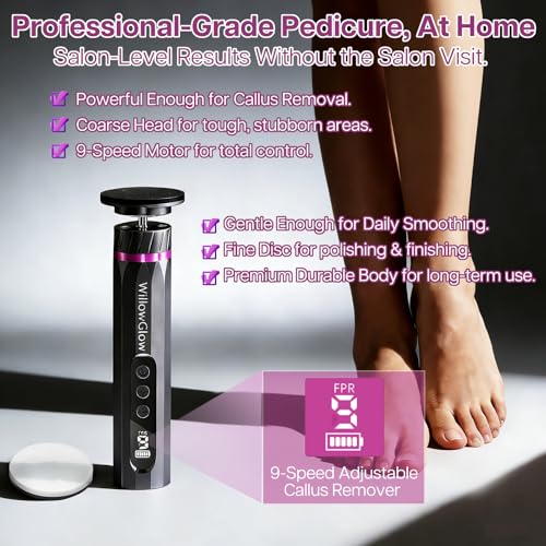 Professional Electric Foot Callus Remover, 9-Speed Cordless Foot File with Reusable Nano Glass Heads & Sandpaper for Dead Skin Removal and Smooth Feet