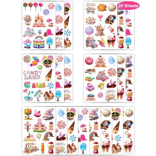 ANTING 244 Pieces Cute Candyland Temporary Tattoos Stickers,20 Sheets Candy Land Lollipop Donut Themed Tattoos Stickers Party Decoration favors for Kids Girl Boys Birthday Baby Shower Sweet Shop