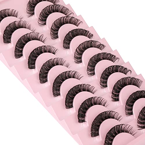 Newcally Lashes Nautral Look False Eyelashes Russian Strip Lashes Mink Wispy Lashes Pack D-curly Thick Full Volume Cat Eye Lashes Look Like Extensions 10 Pairs