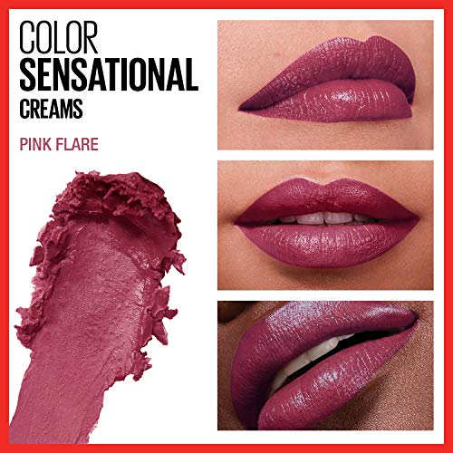 Maybelline Color Sensational Lipstick, Lip Makeup, Cream Finish, Hydrating Lipstick, Nude, Pink, Red, Plum Lip Color, Pink Flare, 0.15 oz; (Packaging May Vary)