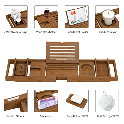 Bamboo Expandable Bath Tray with Book Holder & Wine Glass Holder