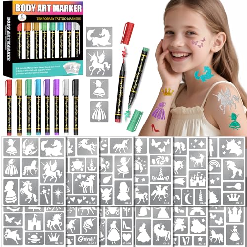 Temporary Tattoo Markers + 142 Stencils for Kids