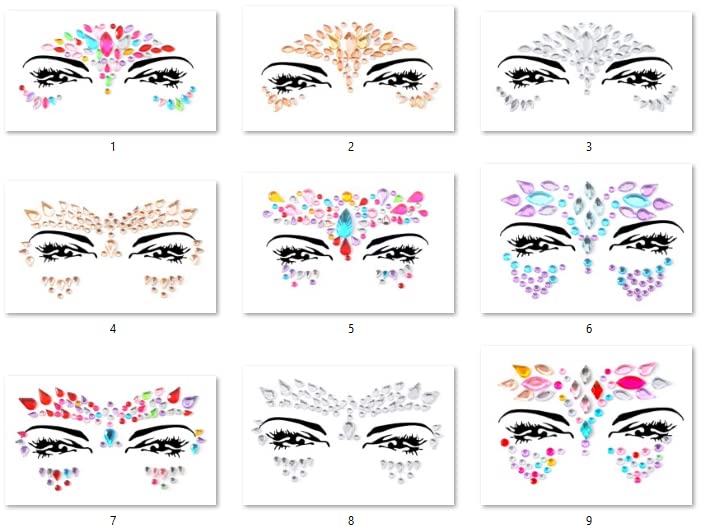 Face Gems Adhesive Glitter Jewel Tattoo Stickers - 9 Pack