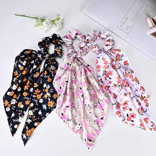 5-Piece Fabric Classic Bowknot Hair Ties, Elegant Hair Scarf Scrunchies Long Ribbon Ponytail Holders Head Bands, Elastic Vintage Bow Tie Hair Accessories for Ladies Women Girls (Flower Print)