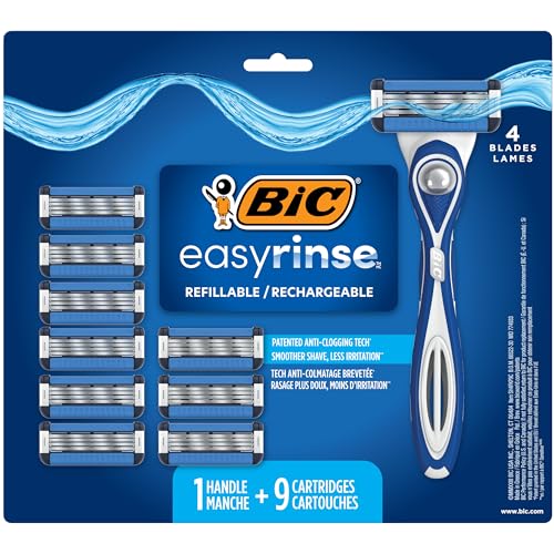 BIC EasyRinse Anti-Clogging, Refillable Men's Razors With 4 Blades, 1 Handle and 9 Refill Razor Cartridges Razor Kit
