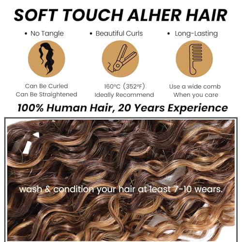 ALHER Long Deep Part 2x6 Closure Water Wave Honey Blonde Highlight, Ombre Brown and Blond Wet and Wavy 2x6 Kim K Lace Closure Pre Plucked With Baby Hair, #P4/27 Color Real Human Hair Closure 12 Inch