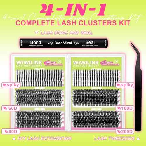 Lash Clusters Kit 60D+80D+100D+200D Individual Spikes Lashes 456PCS 12-18mm Spiky Manga Eyelash Clusters D Curl DIY Eyelash Extension Kit with Cluster Lash Bond & Seal for Anime Eyelashes by WiWiLINK
