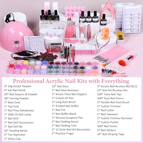 Acrylic Nail Kit for Beginners: Professional Acrylic Powder Set with Everything for Starter Gel Nail Polish U V Light Nail Drill Full Tools Decoration for Home Salon Women