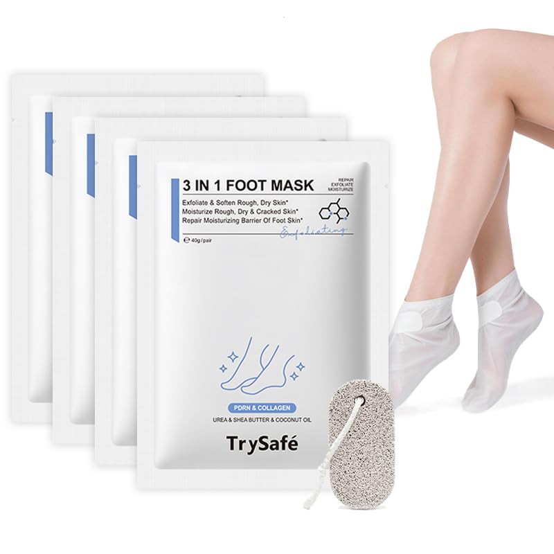 TrySafe PDRN & Collagen Foot Peel Mask for Dry Cracked Feet - 4 Pairs