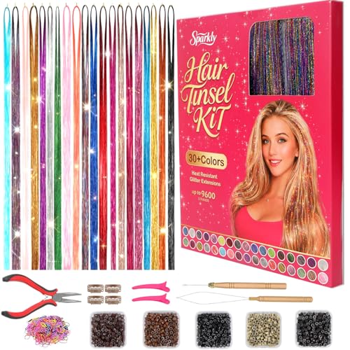Hair Tinsel Kit - 8700+ Strands in 20 Colors, 48-Inch Glitter Extensions