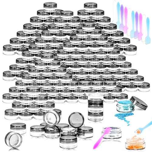 MotBach 100 Pack 3g Plastic Jars with Lids, 3ml Round Clear Cosmetic Containers Makeup Jars, 3 Gram Travel Size Container Jar with Spatulas for Sample Lotion Cream Eyeshadow Ointment Salve Balm Powder
