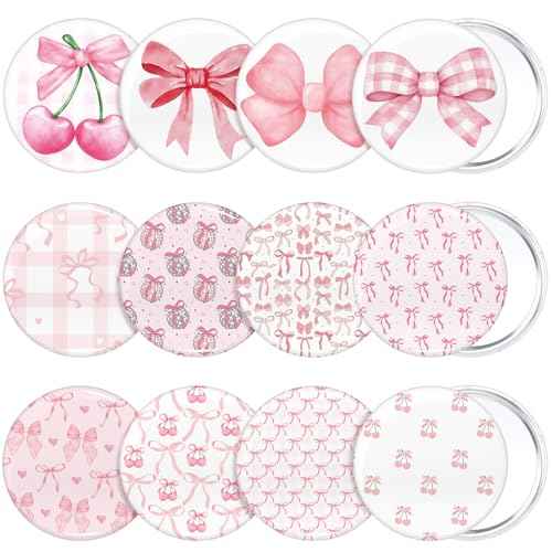 12 Pcs Christmas Bow Party Favors Mini Compact Mirror Bulk Coquette Aesthetic Party Favors Little Pocket Mirrors for Women Girl Birthday Holiday Stocking Stuffer (Cute Style,Pink)