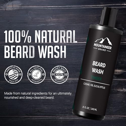 Mountaineer Brand Beard Wash For Men | 100% Natural Beard Shampoo | Thick Cleaning Softening Lather for Hair and Skin | Hydrate and Detangle | Grooming Treatment | Timber Scent 8oz