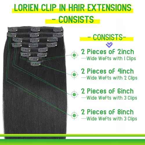 LORIEN Clip in Hair Extensions Real Human 100g 100% Brazilian Remy on 8pcs Per Set with 18Clips Double Weft (18 Inch, #1 Jet Black Color)