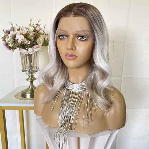 Short Ash Blonde Wigs Highlight Platinum Color Ombre Silver Hair Bob Style 13x4 Lace Front Wig 14Inch Pre Plucked for Women Girls