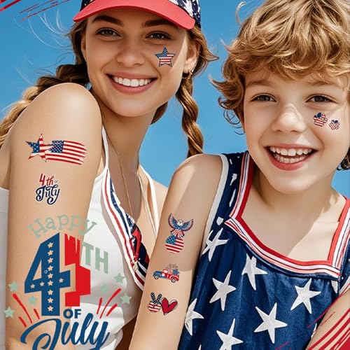4th of July Temporary Tattoo Adults Fake Tattoos Independence Day Fourth of July Waterproof Body Art Stickers Red White Blue Memorial Decorations for Labor Day Party USA National Flag 20 Sheets