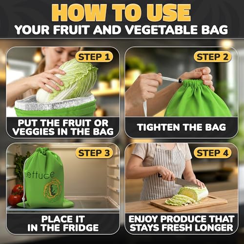 VIKROM Green Reusable Lettuce Keeper with Foil Lining, 13.8x10.6in - Refrigerator Produce Bag