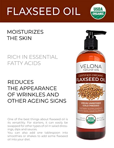 velona USDA Certified Organic Flaxseed Oil - 16 fl oz | 100% Pure and Natural Carrier Oil | Unrefined, Cold Pressed | Hair Growth, Body, Face & Skin Care | Use Today - Enjoy Results