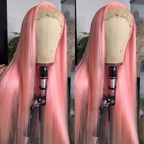 Missyvan 13X6 Pink Lace Front Wigs Long Silk Straight Baby Pink Hair Wigs Glueless Synthetic Hair Light Pink Heat Resistant Fiber Natural Hairline