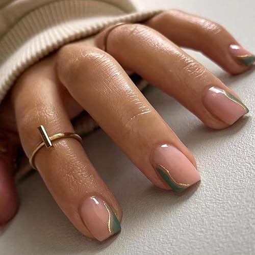 Green French Press On Nails Short Square 30pcs